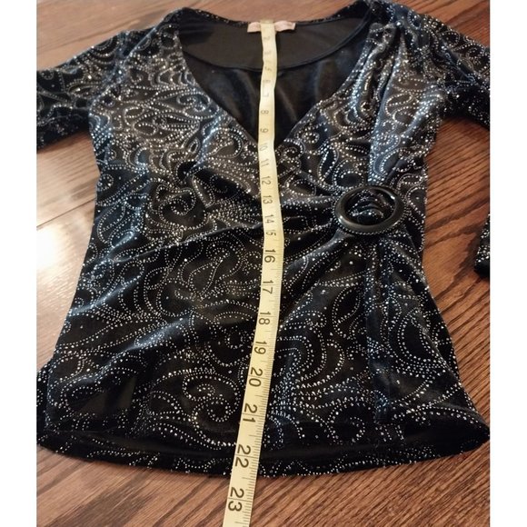 Notations Petite PS Womens Velvet Black Shimmer Long Sleeve Shirt Top - Picture 10 of 12